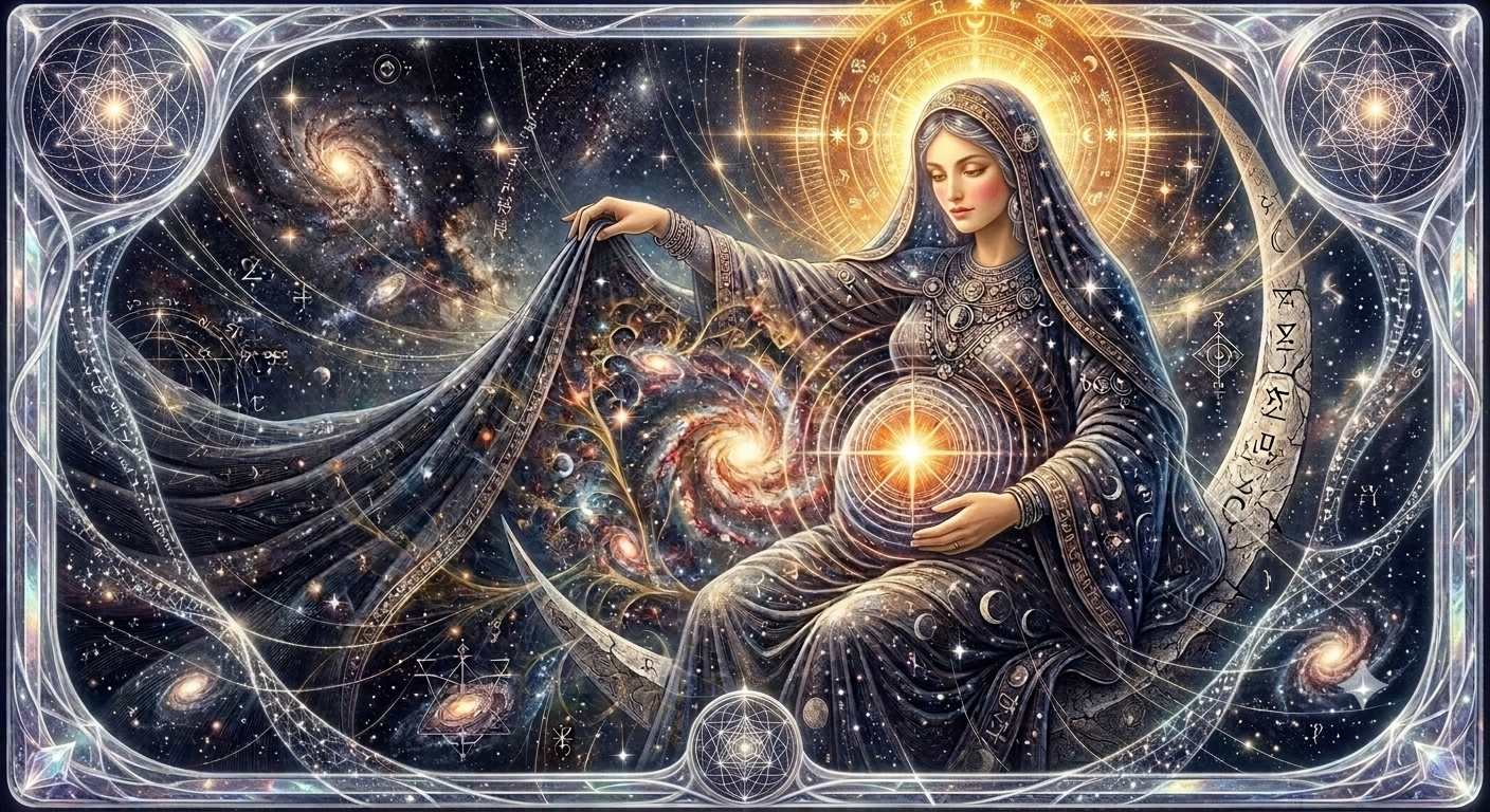 Aima — a veiled cosmic figure, pregnant with a single point of light, seated on a crescent moon amid spiraling galaxies, bordered in sacred geometry.