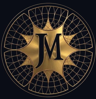 The JM medallion — a six-petal wireframe seal in gold, drawn from the Flower of Life, with the JM monogram cut in negative space at its center.